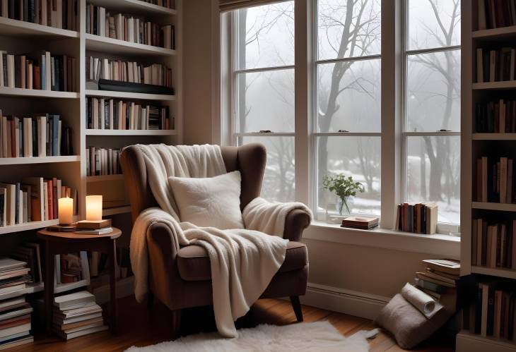 Inviting Reading Nook with Plush Armchair, Stacked Books, Comfy Blanket, and Rainy Day Window