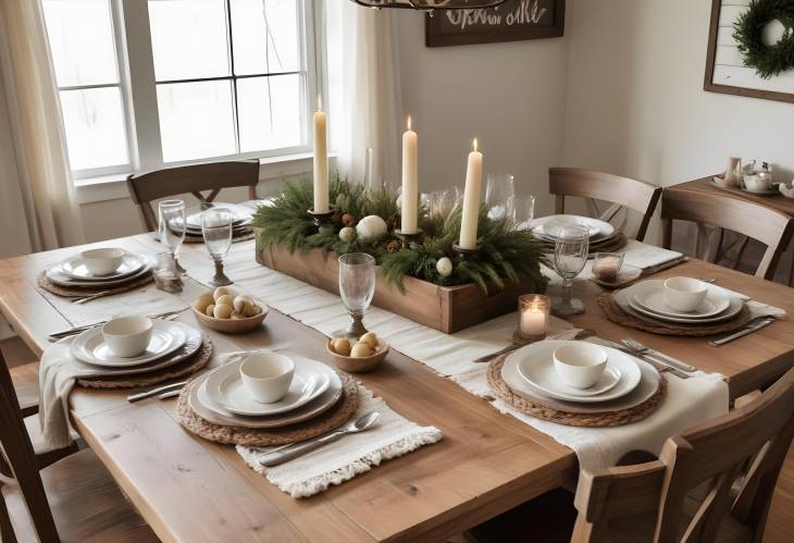 Inviting Rustic Farmhouse Dining Table with Elegant Dinnerware and Cozy Accents for a Family Meal