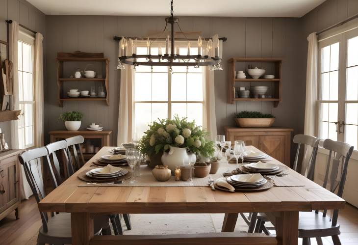 Inviting Rustic Farmhouse Table with Elegant Dinnerware and Cozy Details for a Heartwarming Family 