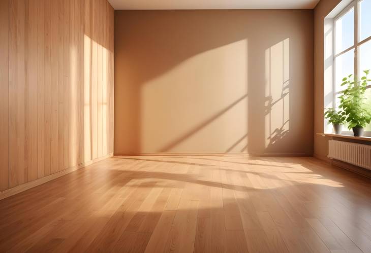 Inviting Summer Room with Sunlight and Leaf Shadows Empty Background on Wooden Parquet Floor