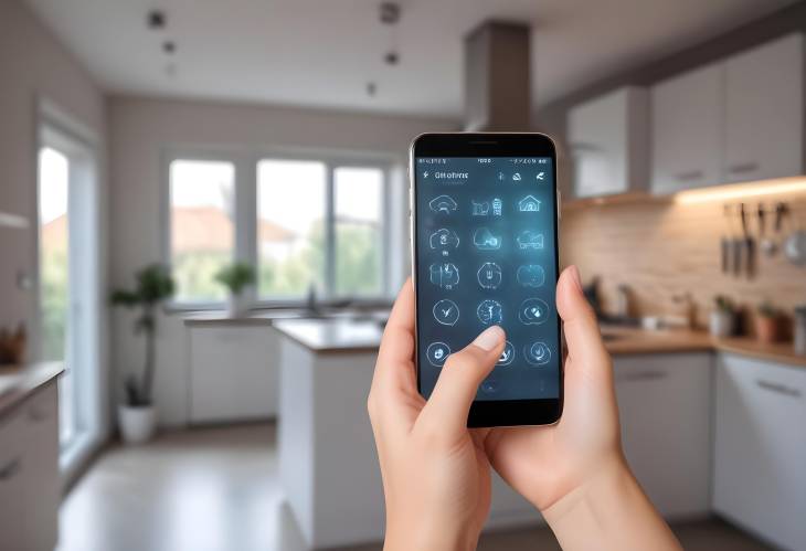 IoT Smart Home App on Smartphone Held by Woman in Blurry Kitchen Background