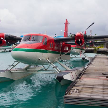 Island View Seaplane Approaching Maldives Aerial Shot