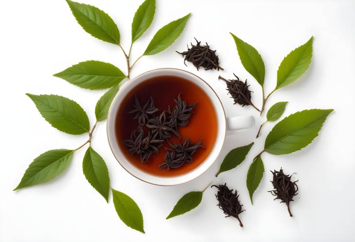 Isolated Black Tea with Fresh Leaf  Clean and Simple on White Background