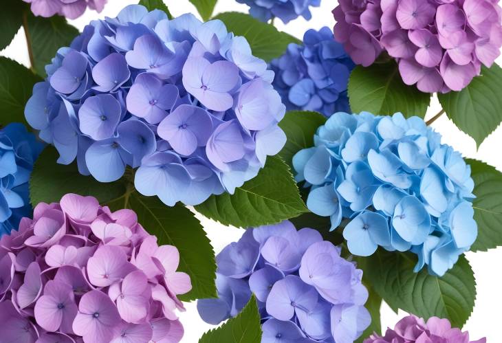 Isolated Blue and Violet Hortensia Flowers Against a White Background