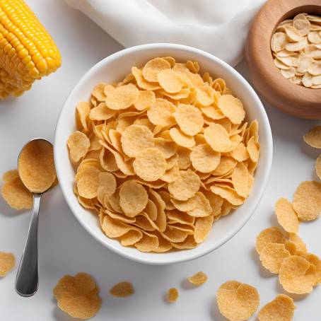 Isolated Bowl of Corn Flakes with Spoon, Crisp and Fresh Breakfast Cereal on White Background