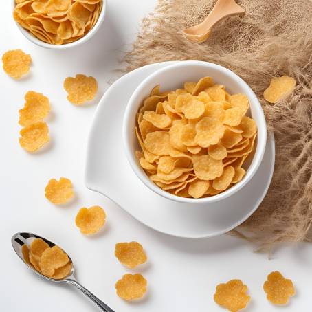 Isolated Bowl of Corn Flakes with Spoon, White Background, Crisp Cereal for Breakfast, Fresh and Tas