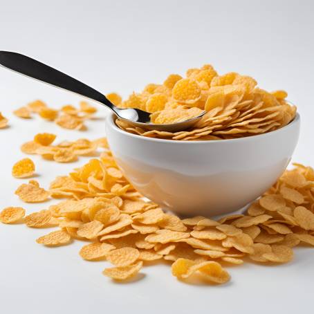 Isolated Bowl of Corn Flakes with Spoon, White Background, Crisp Cereal for Breakfast, Fresh and Tas