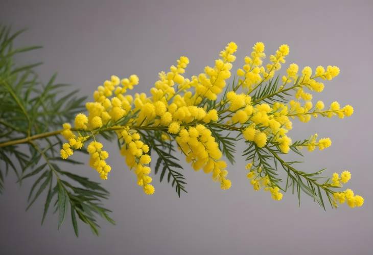 Isolated Branch of Fresh Mimosa with Yellow Acacia Flowers, Clean White Background, Bright