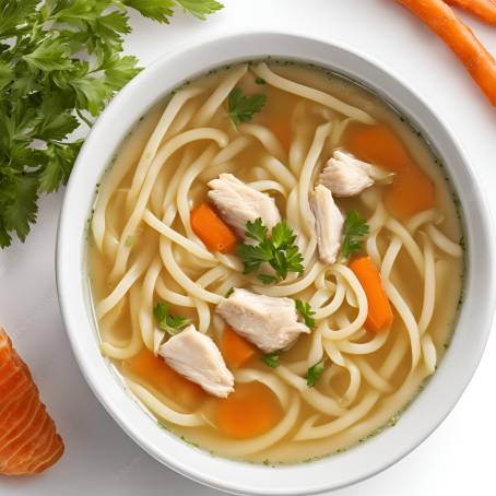 Isolated Chicken Noodle Soup Broth on White Classic Comfort Food, Warm and Savory Delight