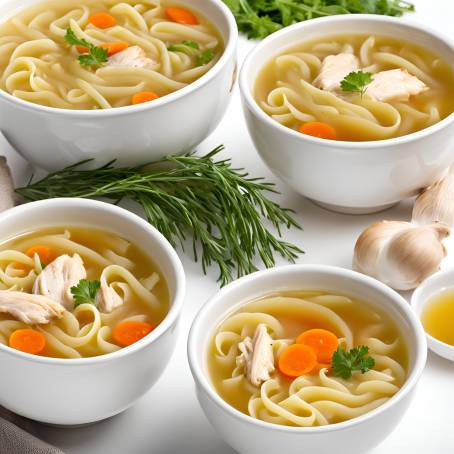 Isolated Chicken Noodle Soup Broth White Background, Classic Comfort Food, Savory and Warm