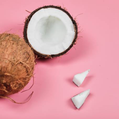 Isolated Coconut Half, Slice, and Piece on White Background with Leaf, Full Depth of Field