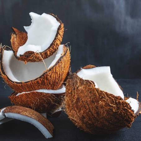 Isolated Coconut Half with Slice and Piece on White Background, Coco Nut with Leaf, Full Focus