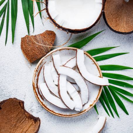 Isolated Coconut with Half, Slice, and Piece on White Background Coco Nut and Leaf, Full Depth