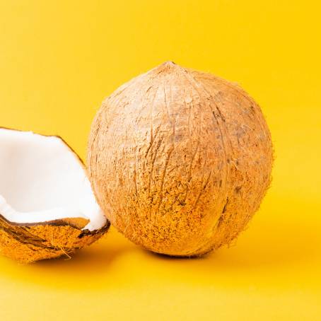 Isolated Coconut with Half, Slice, and Piece on White Background Coco Nut with Leaf, Full Depth