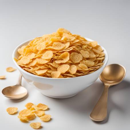 Isolated Corn Flakes in Bowl with Spoon, White Background, Fresh and Crunchy Cereal for Breakfast