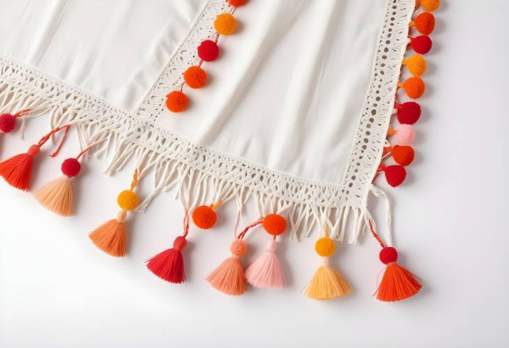 Isolated Cotton Fringe and Pom Poms on Woven Bedspread, White Background