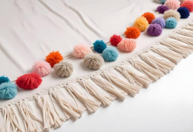 Isolated Cotton Pom Poms and Fringe on Woven Bedspread Edge, White Background