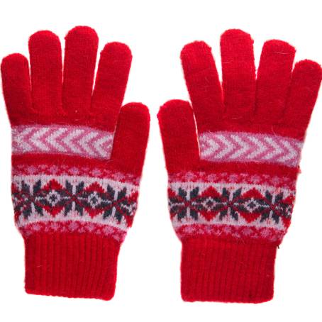 Isolated Pair of Red Christmas Pattern Mittens Knitted and Cozy on White Background