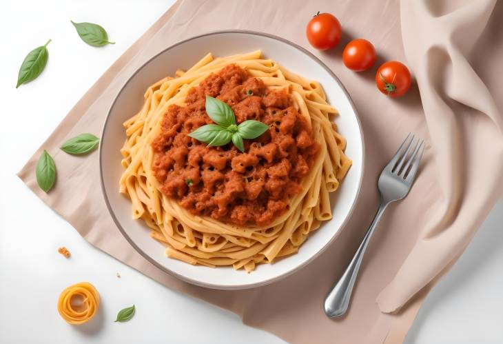 Isolated Plate of Pasta with Rich Bolognese Sauce on Pure White