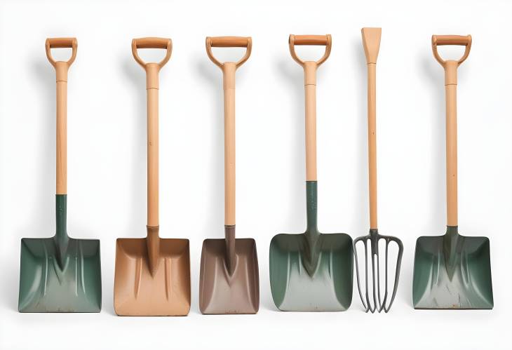 Isolated Set of Gardening Tools Spade Shovel, Rake, and Shovel with Wooden Handles