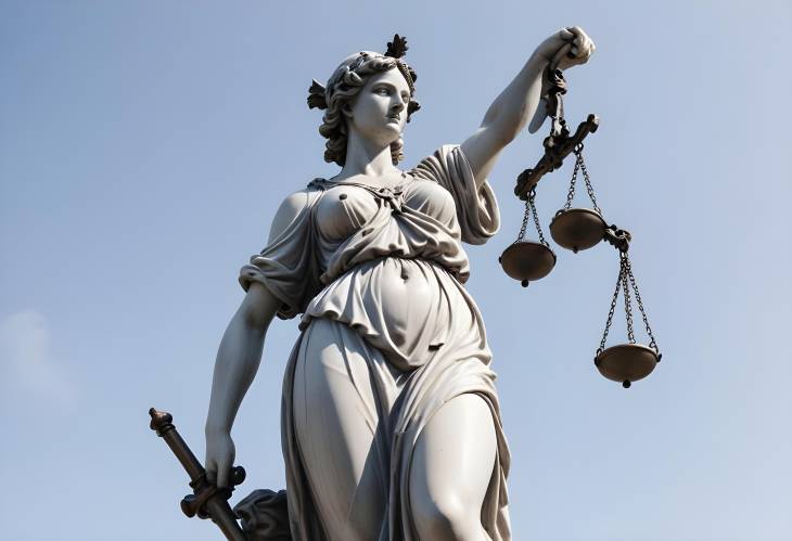 Isolated Statue of Lady Justice on White, Low Angle Perspective, Embodying Fair Treatment and Legal