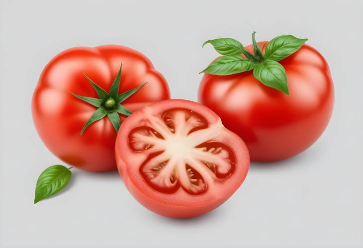 Isolated Tomatoes with Basil Leaves Whole, Half on White Background  Clipping Path and Full Depth