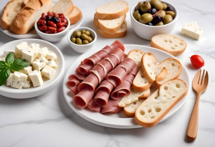 Italian Appetizer Platter Ham, Ciabatta, Olives, Parmesan, Grissini, Feta with Dried Tomatoes, an