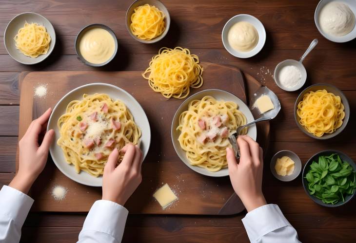 Italian Carbonara with Parmesan Chef on Wooden Table