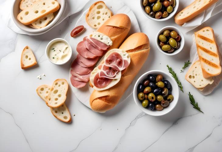 Italian Gourmet Snacks Ham, Ciabatta, Olives, Parmesan, Grissini, Feta with Dried Tomatoes, and Sa