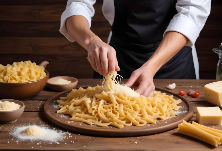 Italian Pasta and Parmesan Chefs Wooden Table Prep