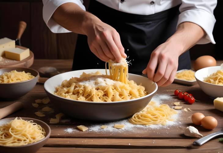 Italian Pasta with Parmesan Chefs Wooden Table Action