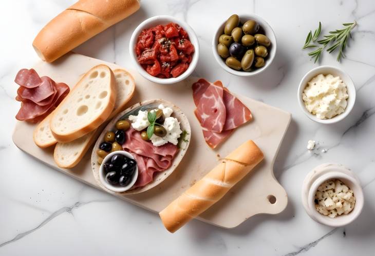 Italian Snack Board with Ham, Ciabatta, Olives, Parmesan, Grissini, Feta with Dried Tomatoes, and