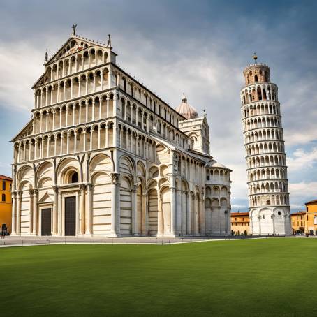 Italian Sunlit Pisa Cathedral and Leaning Tower in View