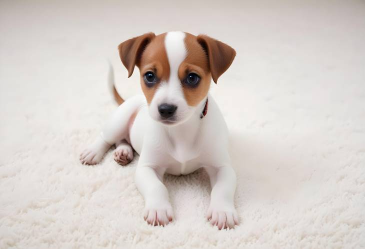 Jack Russell Puppy Playing on Soft White Carpet