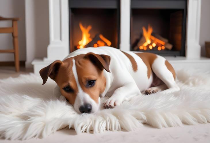 Jack Russell Terrier Blissfully Asleep on White Rug Next to Fireplace