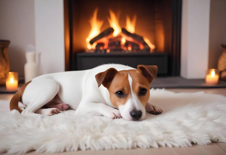 Jack Russell Terrier Enjoying a Cozy Nap by the Fireplace on a White Rug