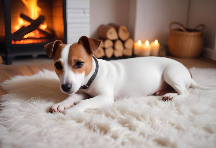 Jack Russell Terrier Relaxing on a White Rug by the Warm Fireplace