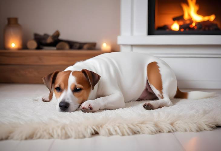 Jack Russell Terrier Relaxing on White Rug by Fireplace A Cozy Scene