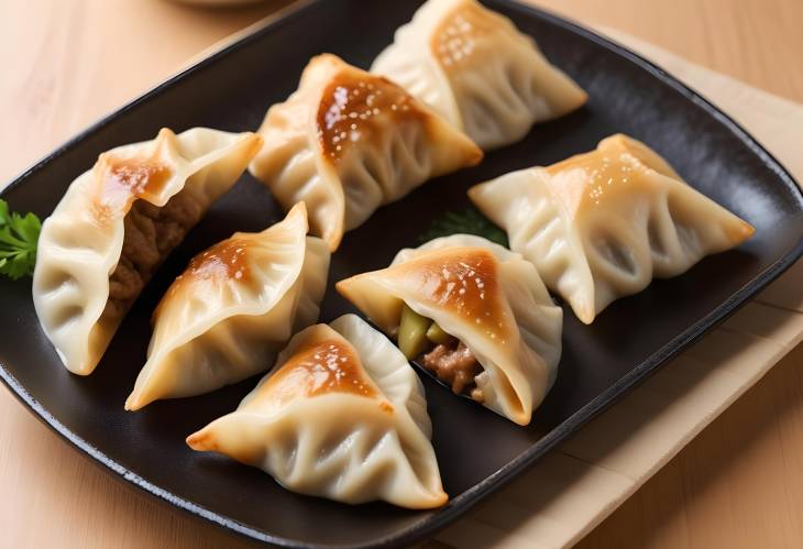 Japanese Gyoza Crispy Pan Fried Dumplings with Ground Meat and Veggies