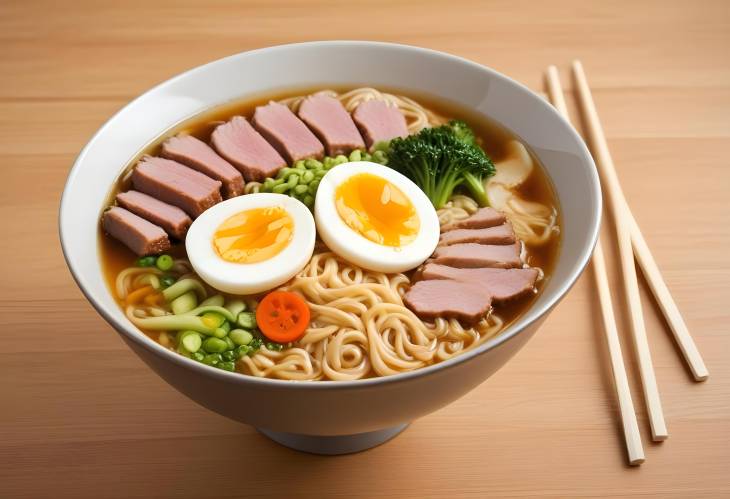 Japanese Ramen Flavorful Noodle Soup with Broth, Meat, Eggs, and Fresh Vegetables