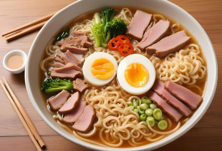 Japanese Ramen Soup Savory Broth with Noodles, Meat, Eggs, and Vegetables