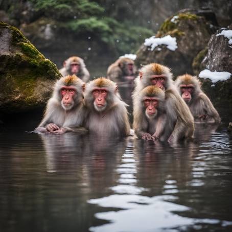 Japanese Snow Monkeys Enjoying Winter Warmth in a Natural Onsen in Japans Snow Capped Mountains