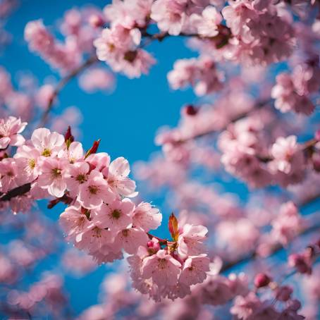 Japanese Spring Delight Pink Cherry Blossoms in Full Bloom Against a Clear Blue Sky