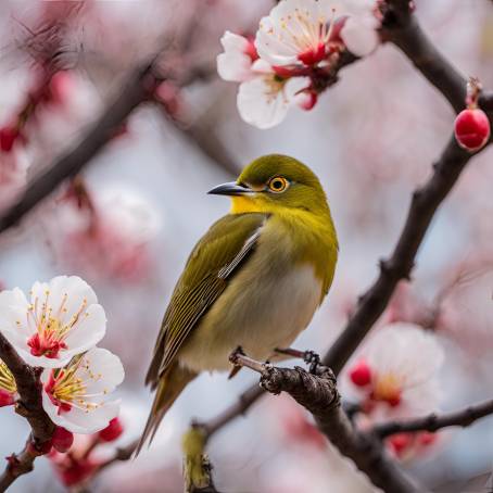 Japanese Spring with White Eye Bird and Plum Blossoms  Natures Elegance