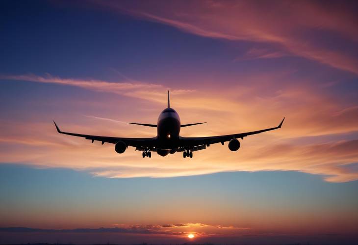 Jet Silhouette Against Blue Sunset and Setting Sun Horizon