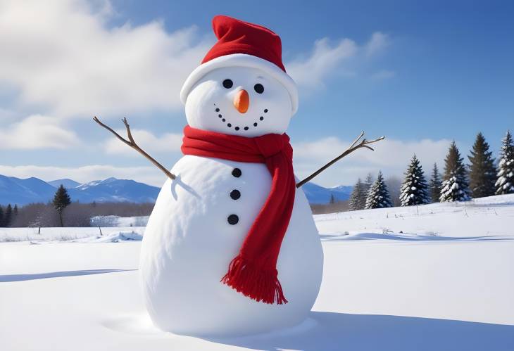 Jolly Snowman with Red Scarf and Hat in Snowy Field Against Clear Blue Sky A Perfect Christmas 