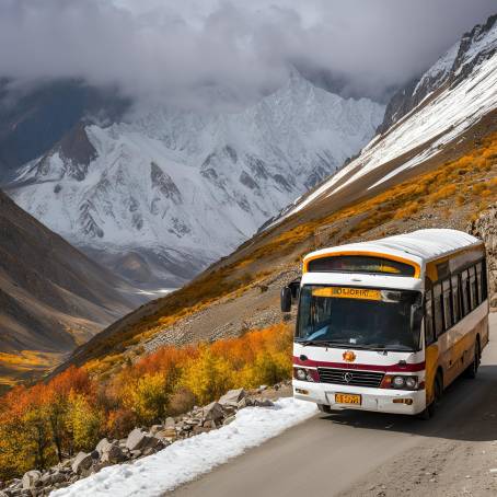 Journey Through Autumn Snow Covered Terrain to Khunjerab Pass Tourist Bus on Pakistan China Border