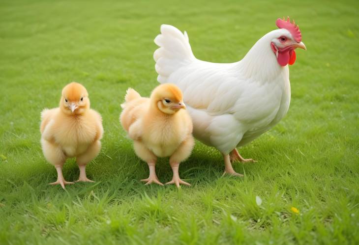 Joyful Chicken Family on a Bright Green Lawn, Ideal for Illustrating Farmyard Life