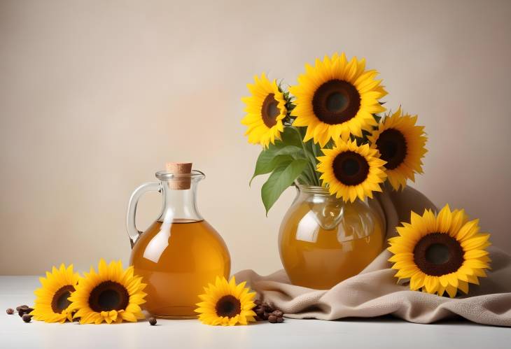 Jug of Oil and Sunflowers on Soft Background Perfect for Text and Culinary Photography