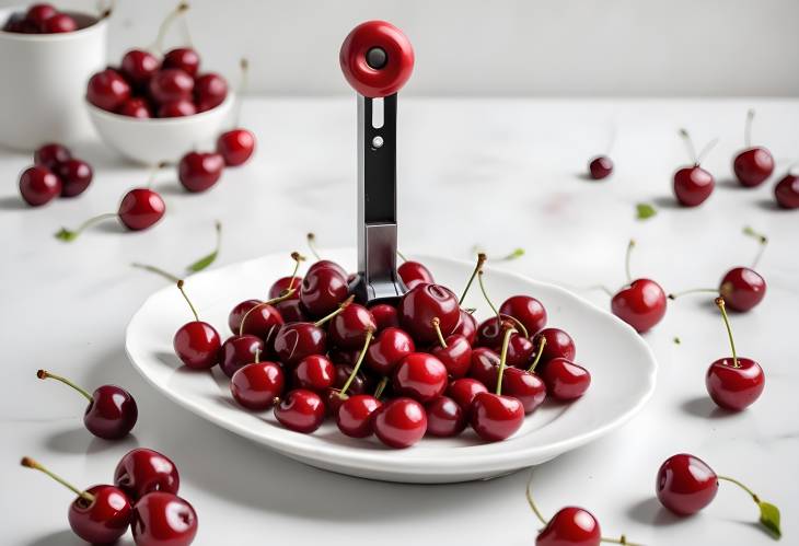 Juicy Cherries on White Plate with Cherry Pitter A Perfect Summer Snack